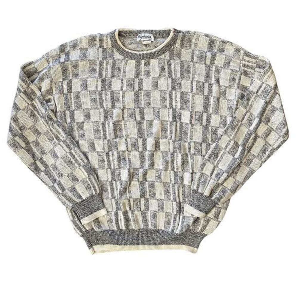 Vintage Eagleson's Checkered Gray Ivory-White Cotton Men's Sweater Size XLT